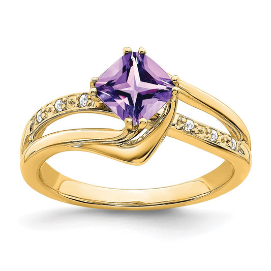 Solid 14k Yellow Gold Simulated Amethyst and CZ Ring