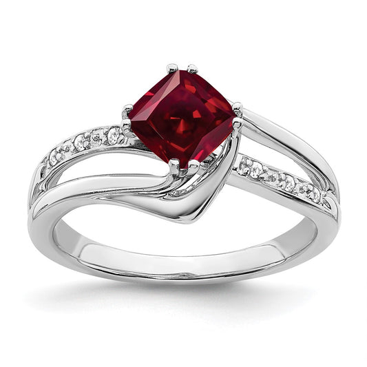 14k White Gold Created Ruby and Real Diamond Ring