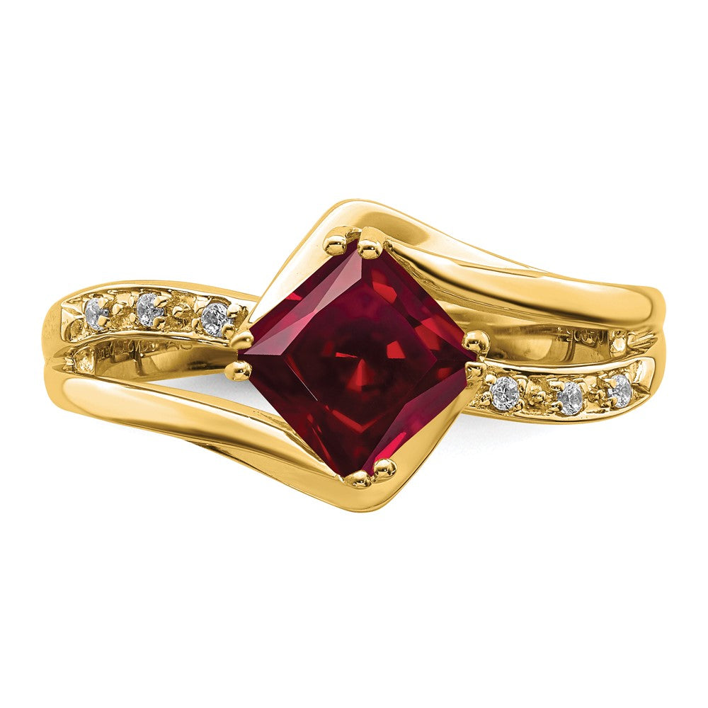 14K Yellow Gold Created Ruby and Real Diamond Ring