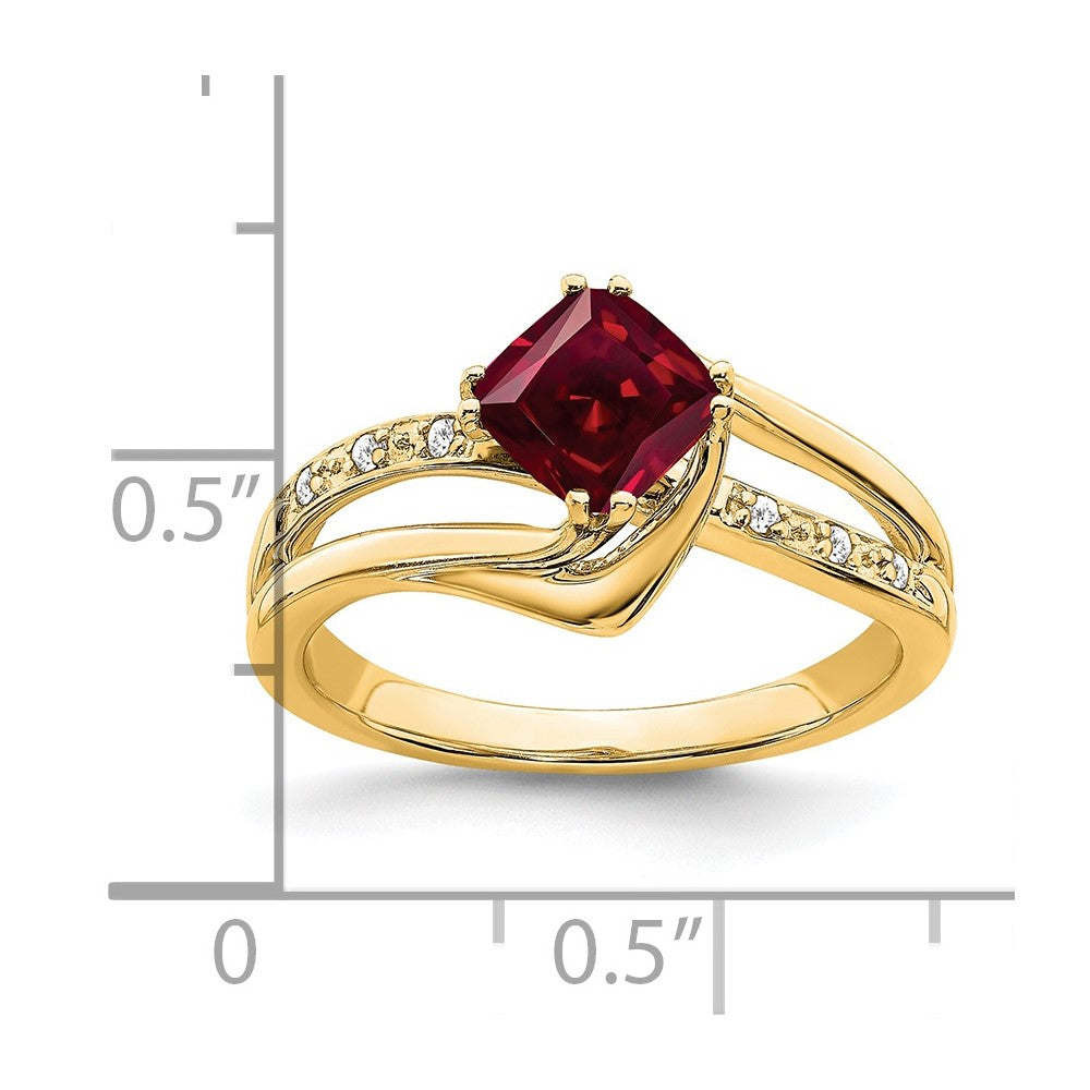 14K Yellow Gold Created Ruby and Real Diamond Ring