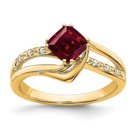 14K Yellow Gold Created Ruby and Real Diamond Ring