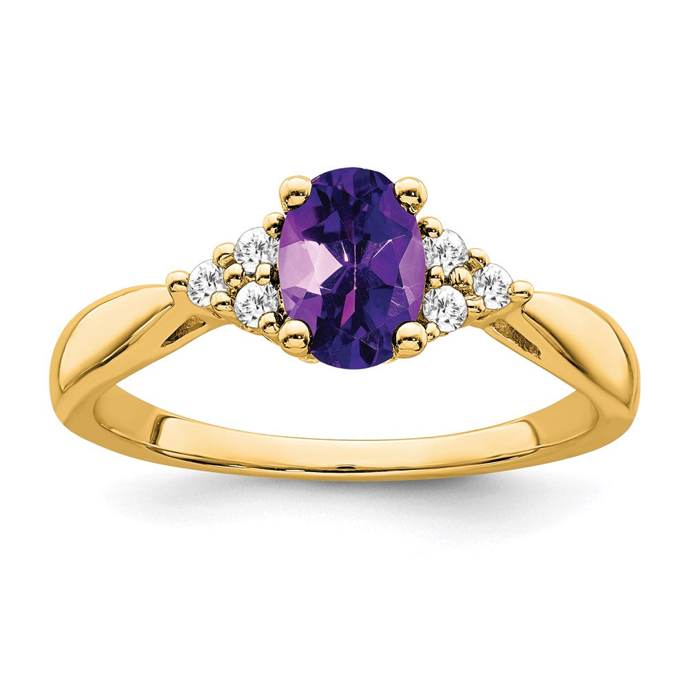 Solid 14k Yellow Gold Simulated Amethyst and CZ Ring