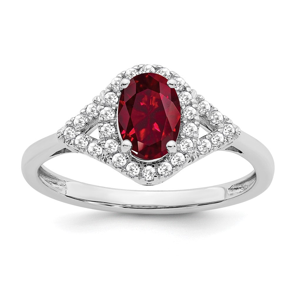 14k White Gold Oval Created Ruby and Real Diamond Ring