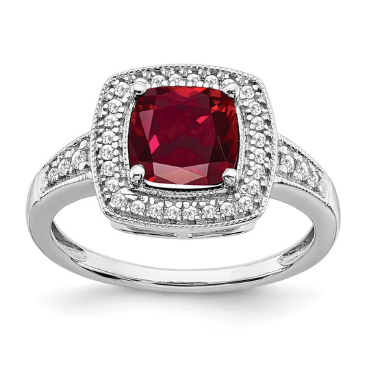 14k White Gold Cushion Created Ruby and Real Diamond Halo Ring