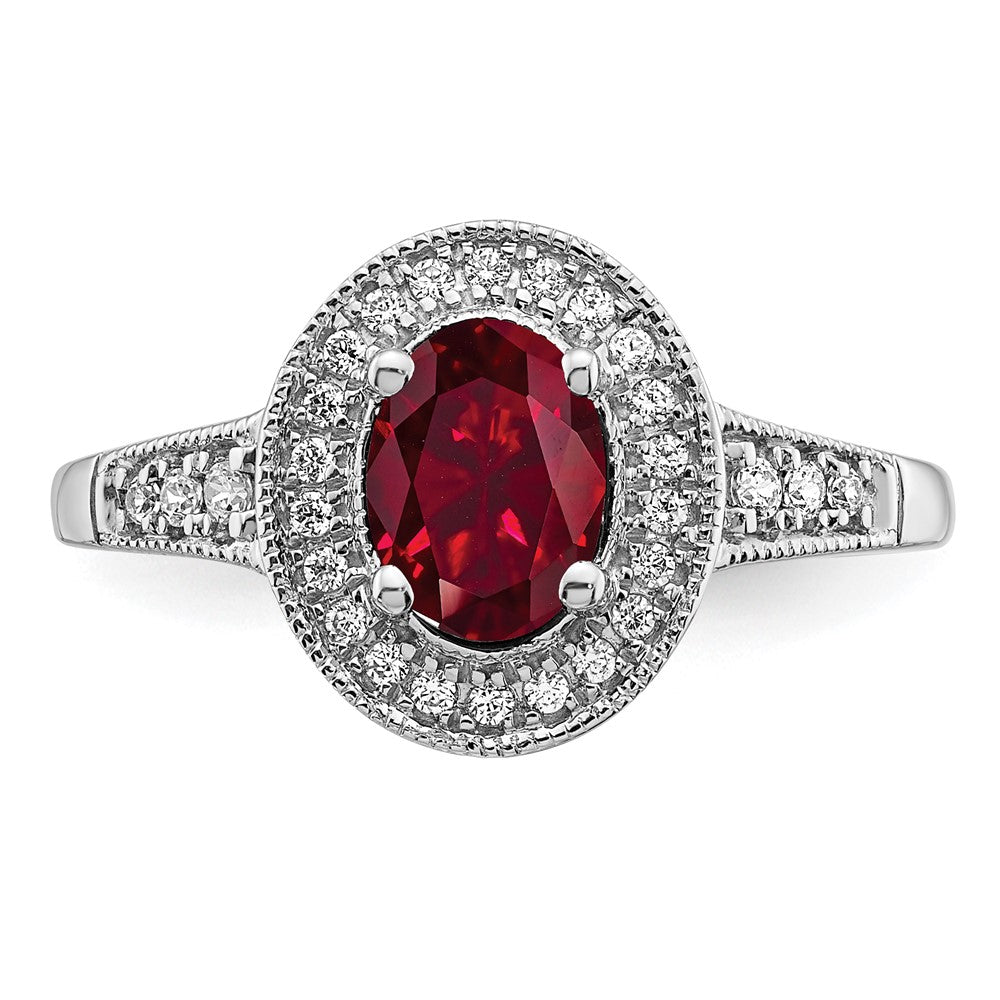 14k White Gold Oval Created Ruby and Real Diamond Halo Ring