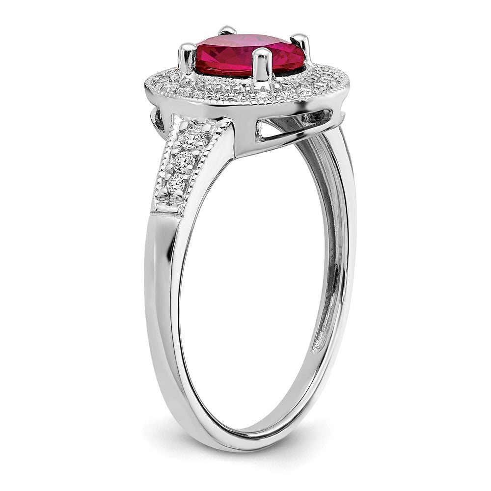 14k White Gold Oval Created Ruby and Real Diamond Halo Ring