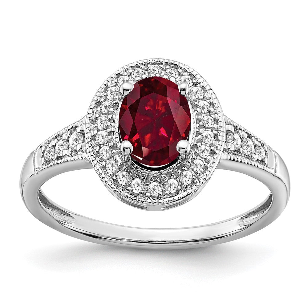 14k White Gold Oval Created Ruby and Real Diamond Halo Ring