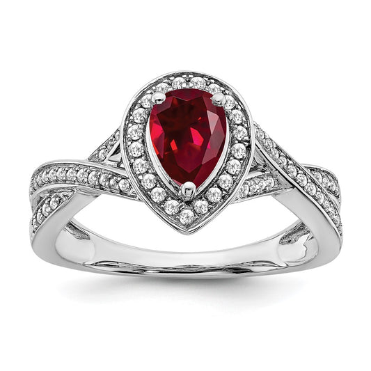 14k White Gold Pear Created Ruby and Real Diamond Halo Ring