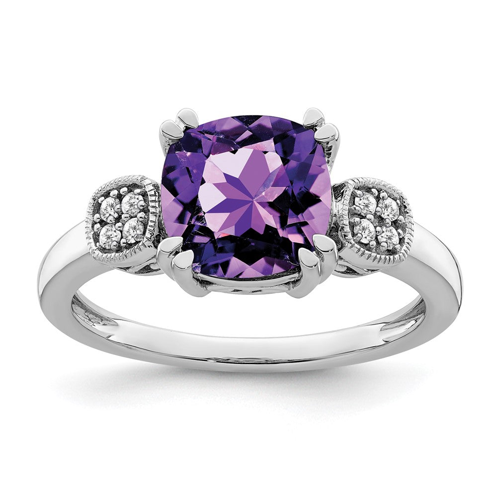 Solid 14k White Gold Simulated Amethyst and CZ Ring