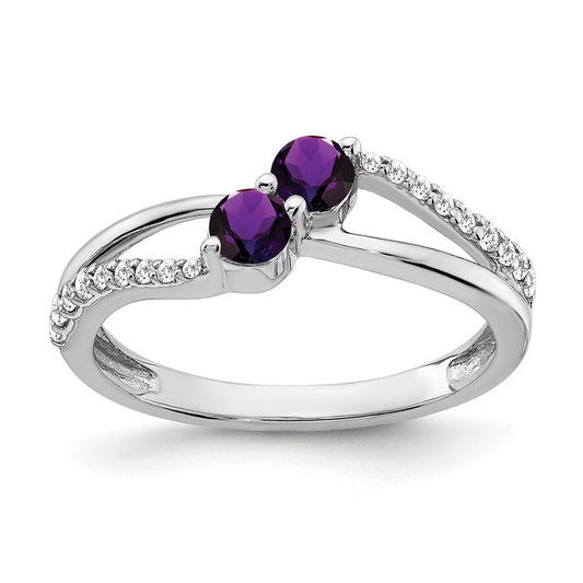 Solid 14k White Gold Simulated Amethyst and CZ 2-stone Ring