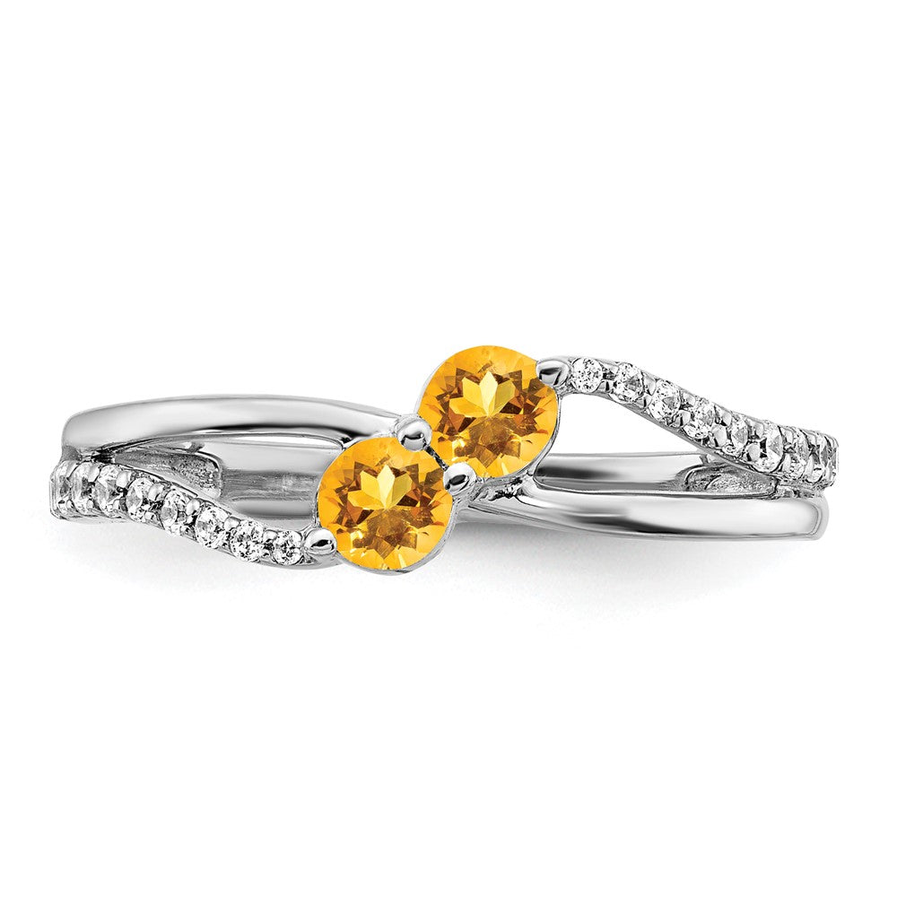 Solid 14k White Gold Simulated Citrine and CZ 2-stone Ring