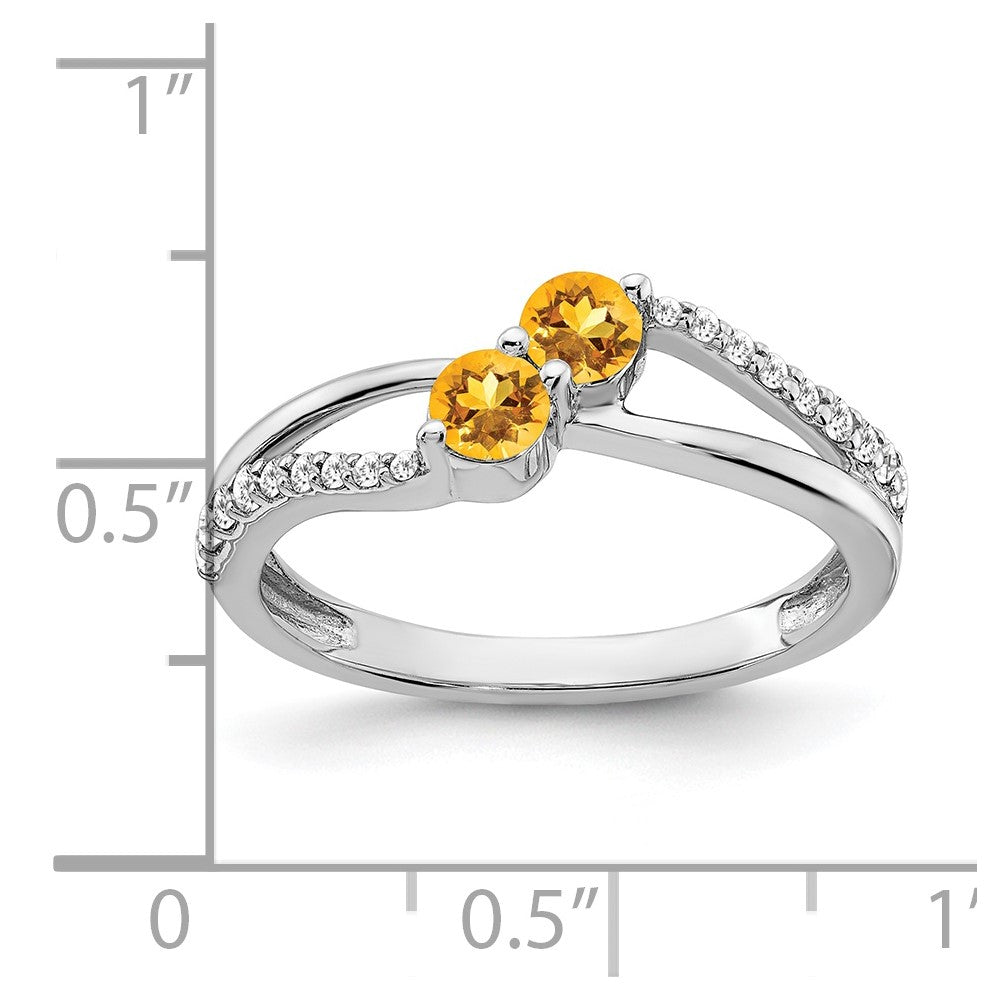 Solid 14k White Gold Simulated Citrine and CZ 2-stone Ring