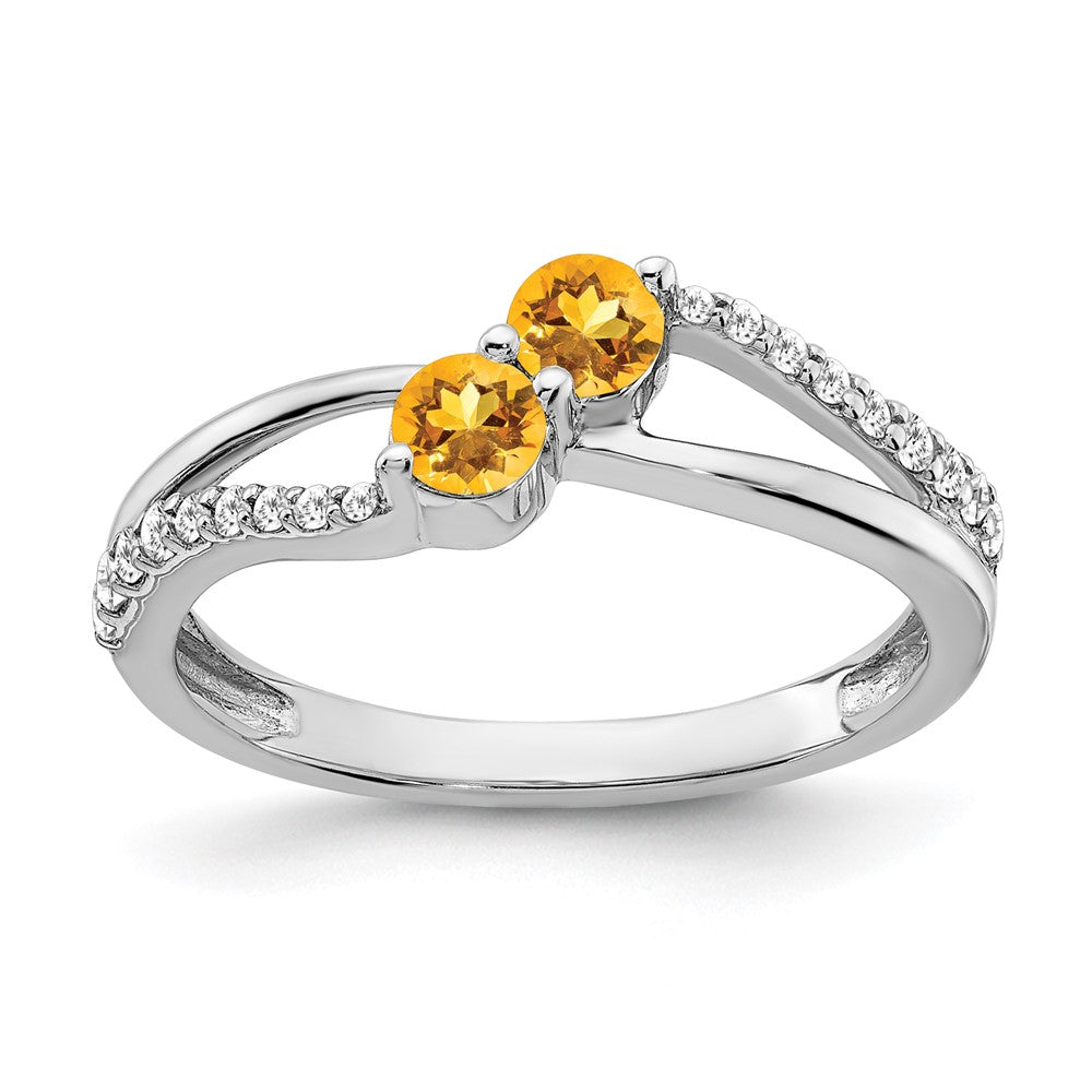 Solid 14k White Gold Simulated Citrine and CZ 2-stone Ring