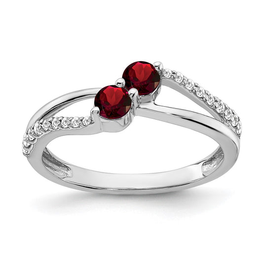 14k White Gold Garnet and Real Diamond 2-stone Ring