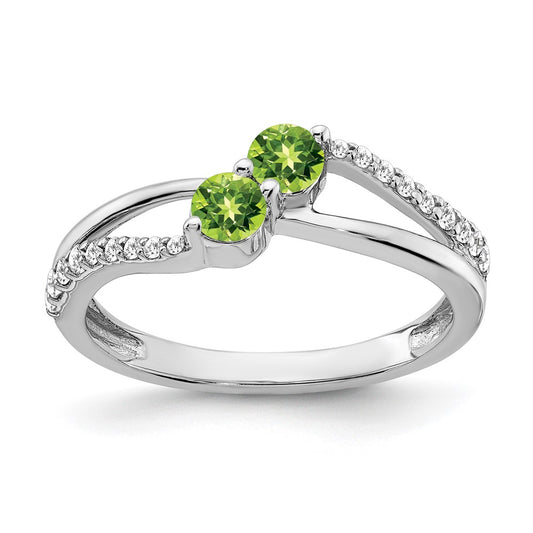 Solid 14k White Gold Simulated Peridot and CZ 2-stone Ring