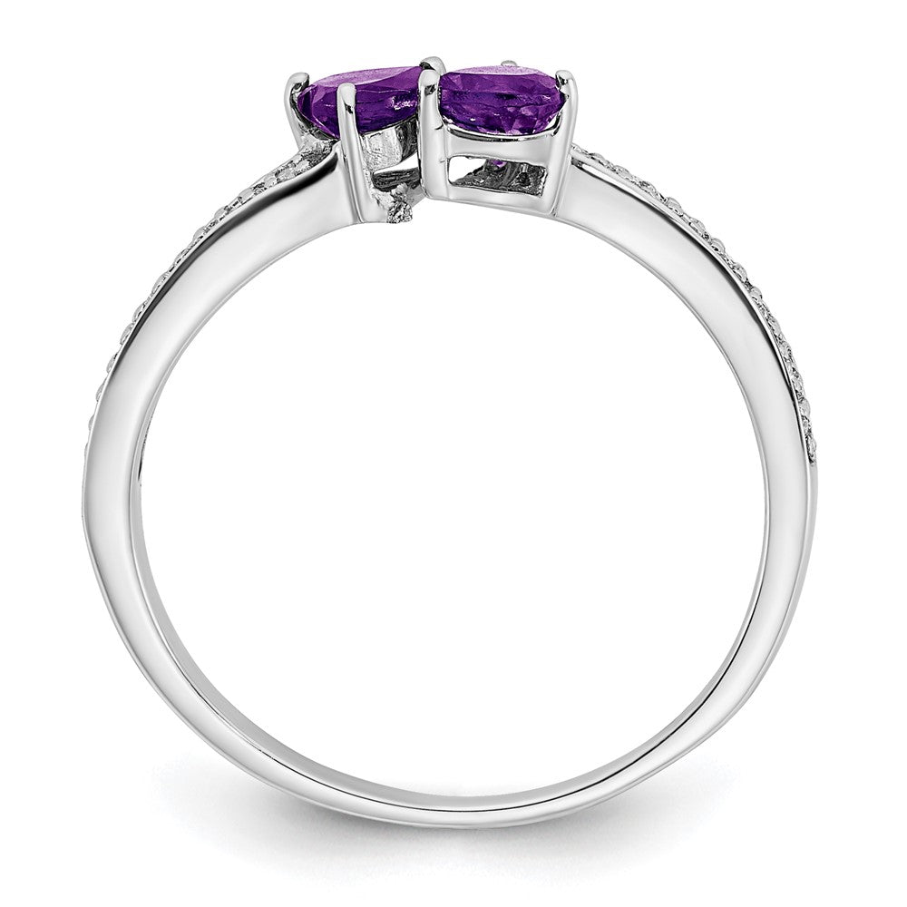 14k White Gold Amethyst and Real Diamond 2-stone Heart Ring