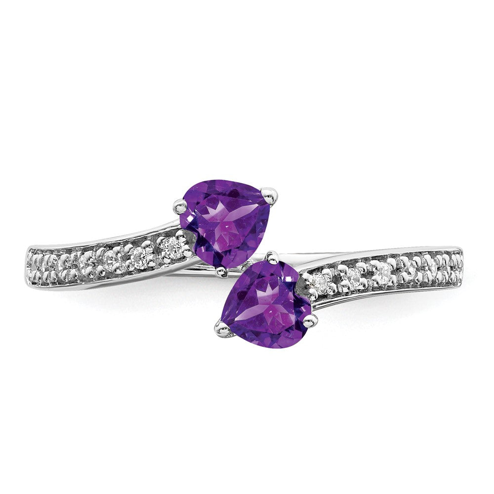 14k White Gold Amethyst and Real Diamond 2-stone Heart Ring