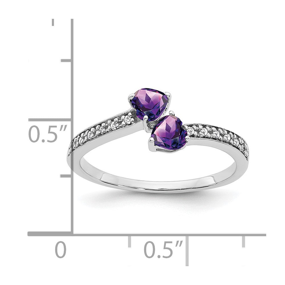 14k White Gold Amethyst and Real Diamond 2-stone Heart Ring