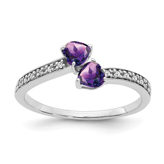 Solid 14k White Gold Simulated Amethyst and CZ 2-stone Heart Ring