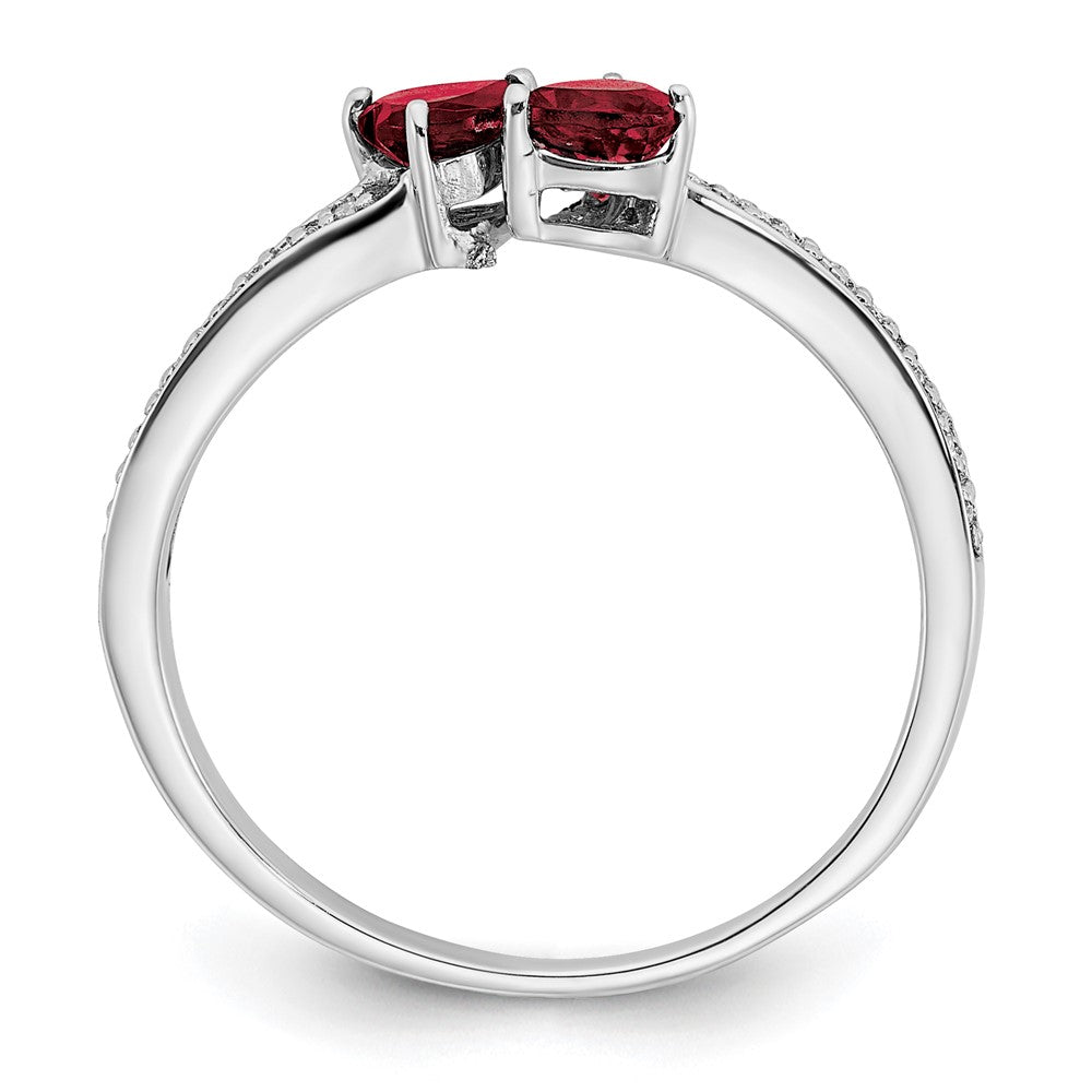 14k White Gold Created Ruby and Real Diamond 2-stone Heart Ring