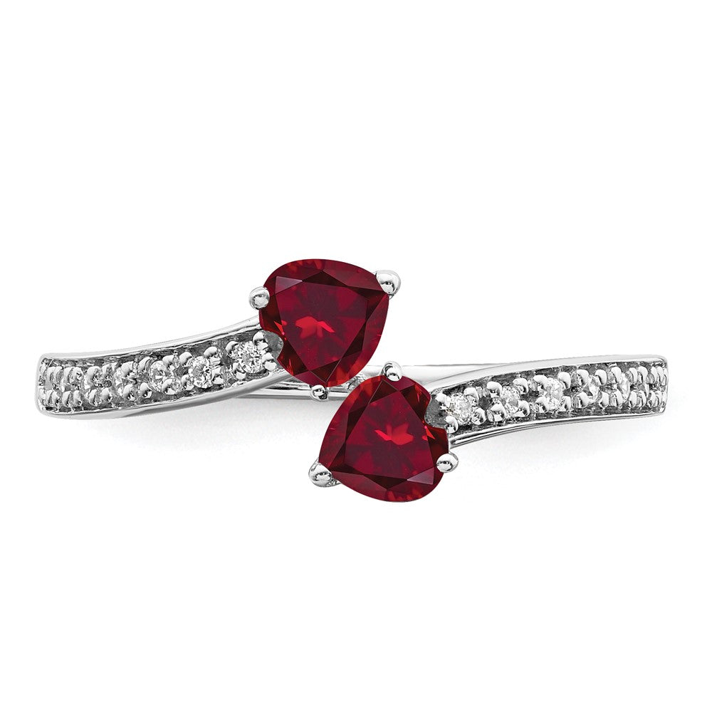 14k White Gold Created Ruby and Real Diamond 2-stone Heart Ring