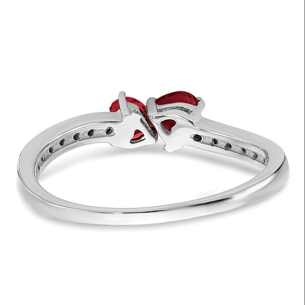 14k White Gold Created Ruby and Real Diamond 2-stone Heart Ring