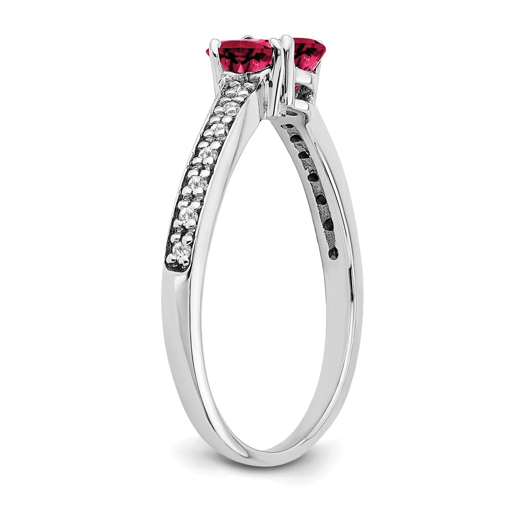 14k White Gold Created Ruby and Real Diamond 2-stone Heart Ring