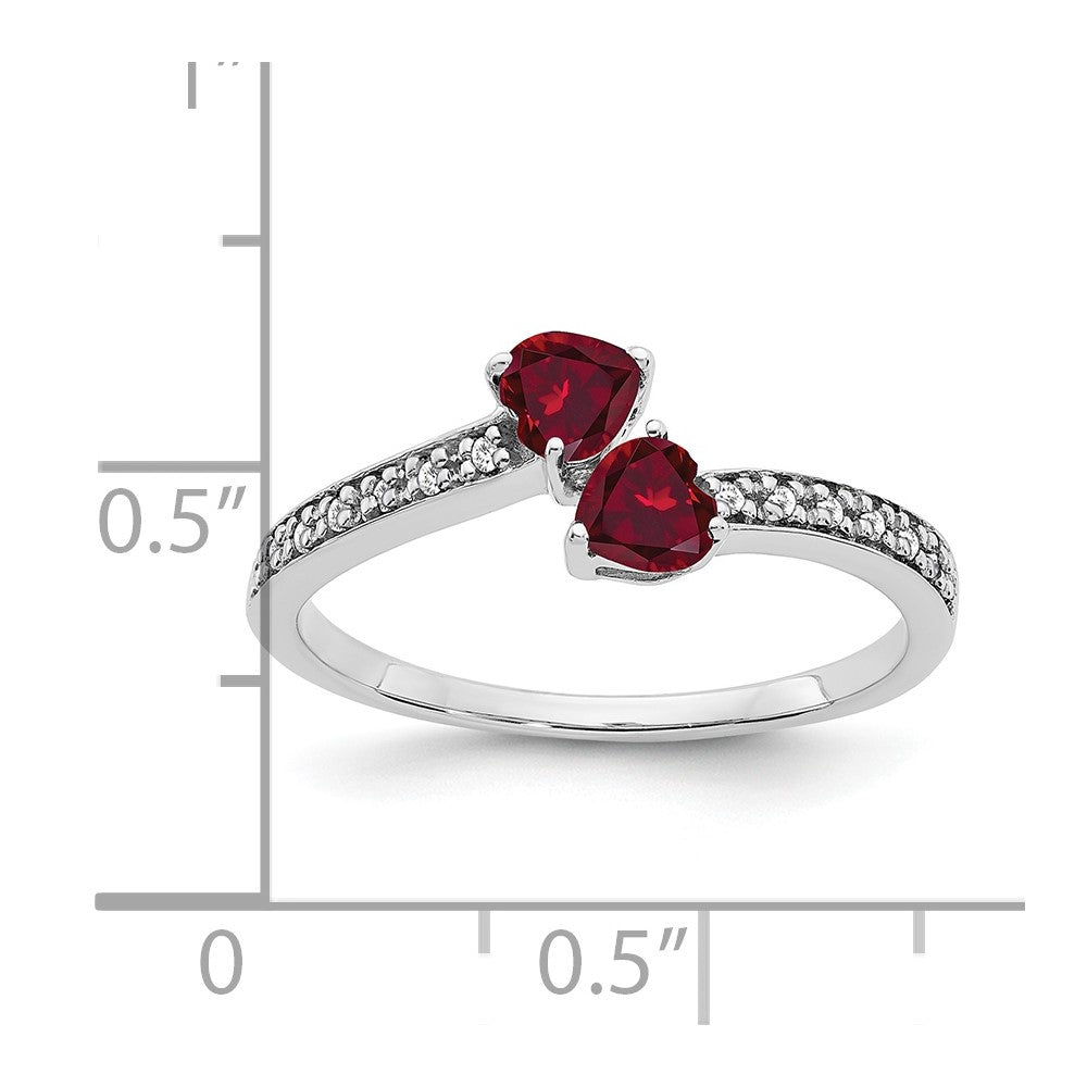 14k White Gold Created Ruby and Real Diamond 2-stone Heart Ring