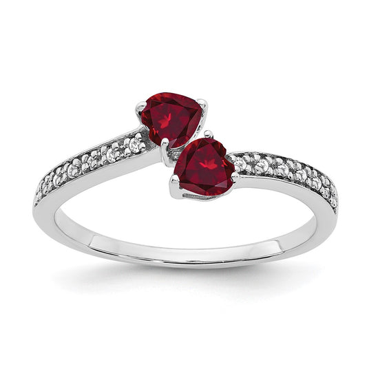 14k White Gold Created Ruby and Real Diamond 2-stone Heart Ring