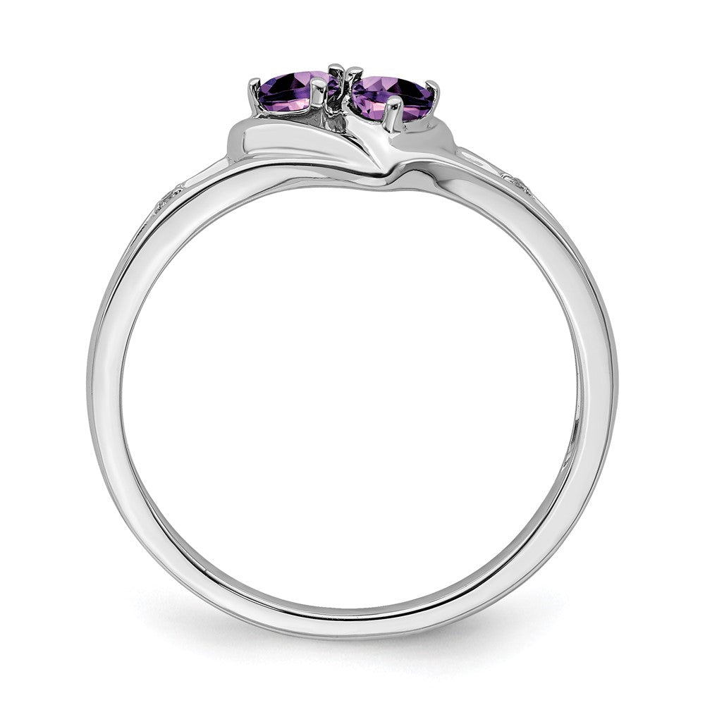 Solid 14k White Gold Simulated Amethyst and CZ 2-stone Heart Ring