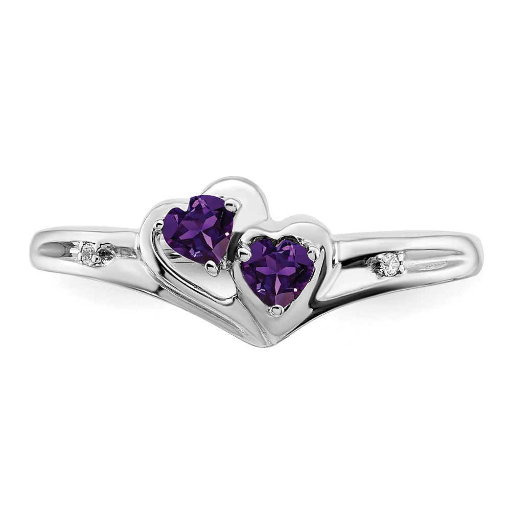 14k White Gold Amethyst and Real Diamond 2-stone Heart Ring