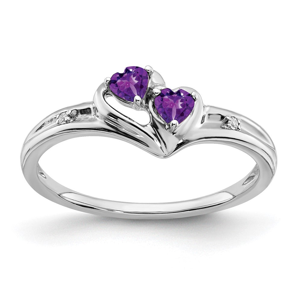 Solid 14k White Gold Simulated Amethyst and CZ 2-stone Heart Ring