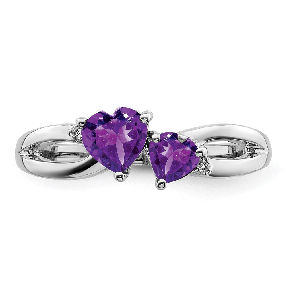 14k White Gold Amethyst and Real Diamond 2-stone Heart Ring