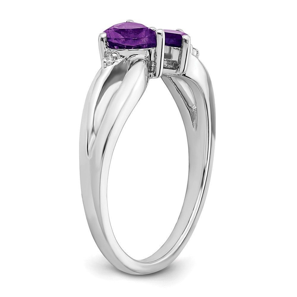 14k White Gold Amethyst and Real Diamond 2-stone Heart Ring