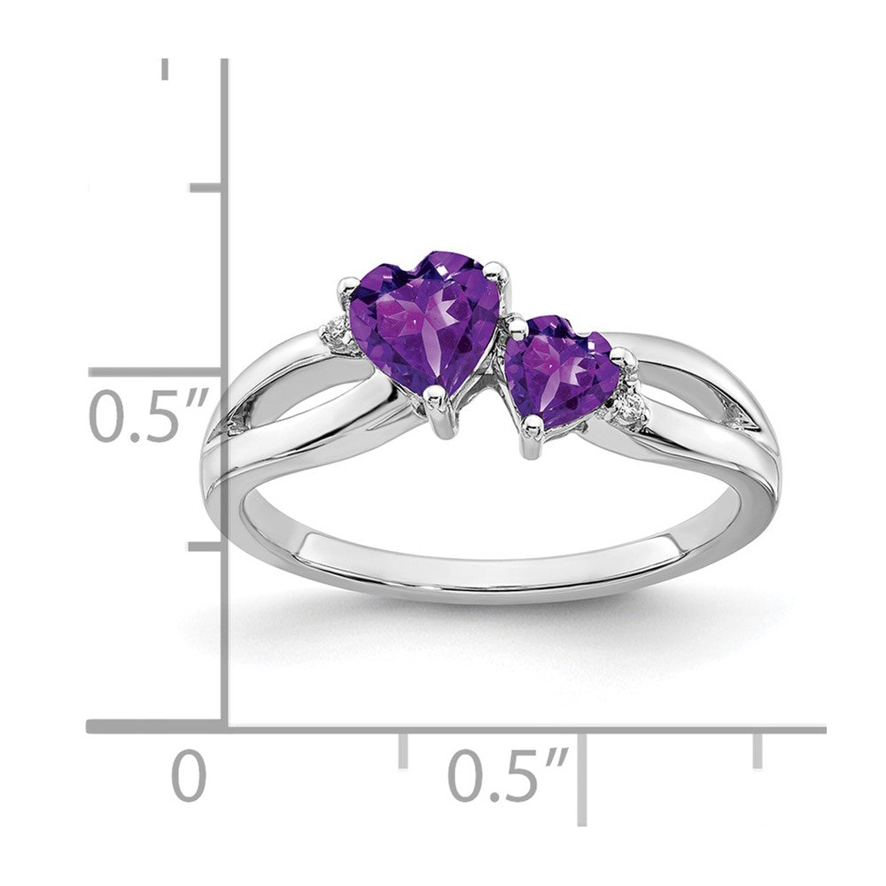 14k White Gold Amethyst and Real Diamond 2-stone Heart Ring