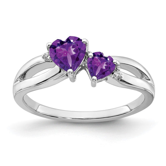 Solid 14k White Gold Simulated Amethyst and CZ 2-stone Heart Ring