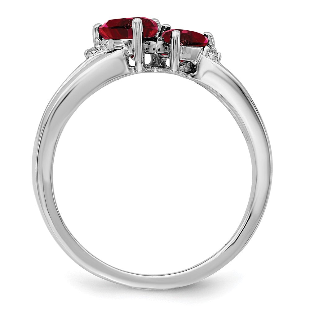 14k White Gold Created Ruby and Real Diamond 2-stone Heart Ring