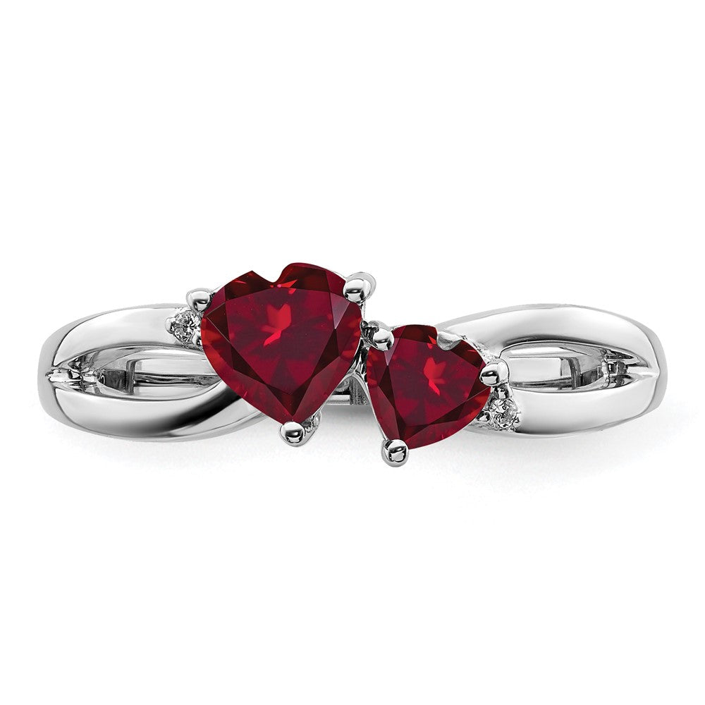 14k White Gold Created Ruby and Real Diamond 2-stone Heart Ring