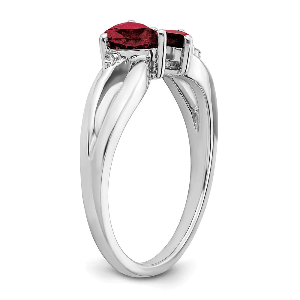 14k White Gold Created Ruby and Real Diamond 2-stone Heart Ring