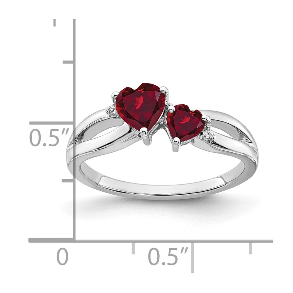 14k White Gold Created Ruby and Real Diamond 2-stone Heart Ring