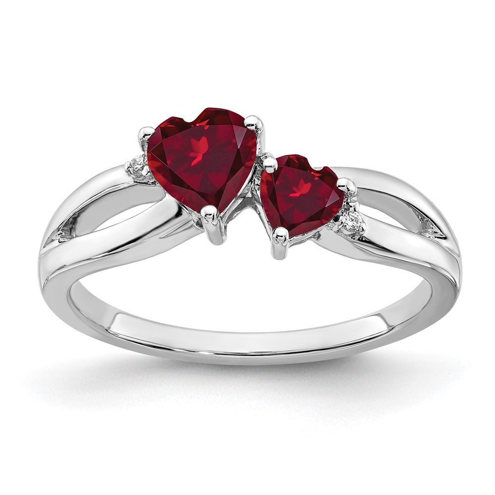 14k White Gold Created Ruby and Real Diamond 2-stone Heart Ring