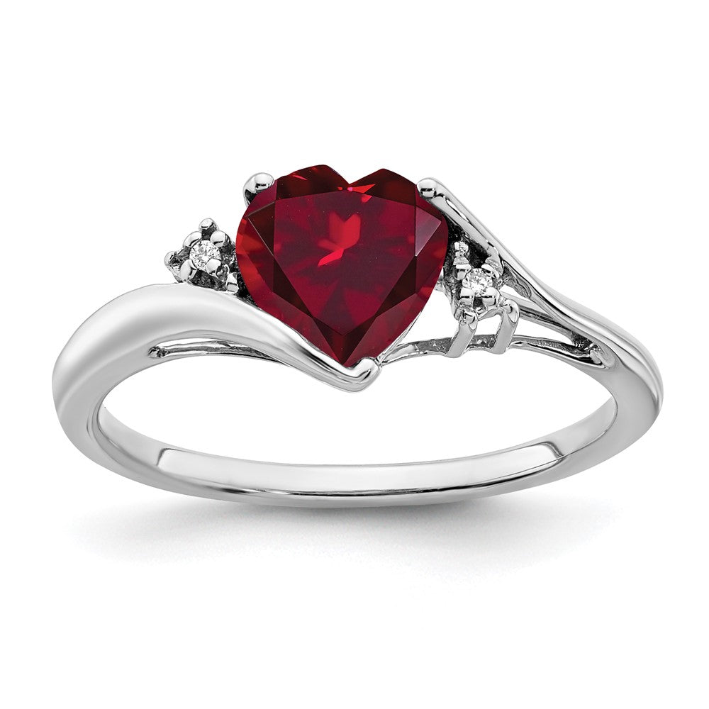 14k White Gold Created Ruby and Real Diamond Heart Ring