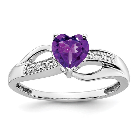 Solid 14k White Gold Simulated Amethyst and CZ Heart Ring