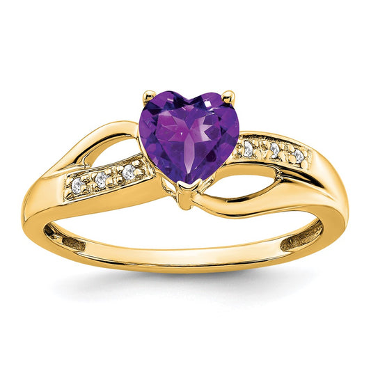 Solid 14k Yellow Gold Simulated Amethyst and CZ Heart Ring