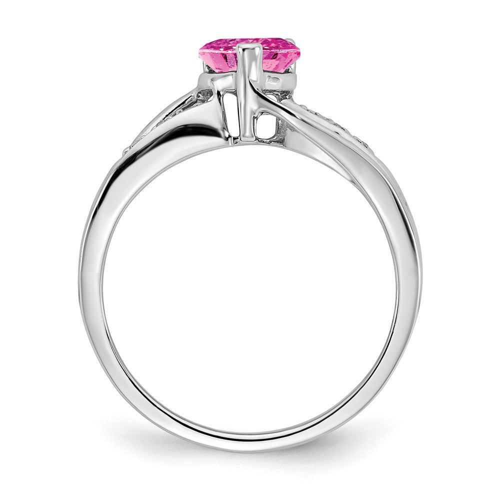 14k White Gold Created Pink Sapphire and Real Diamond Heart Ring