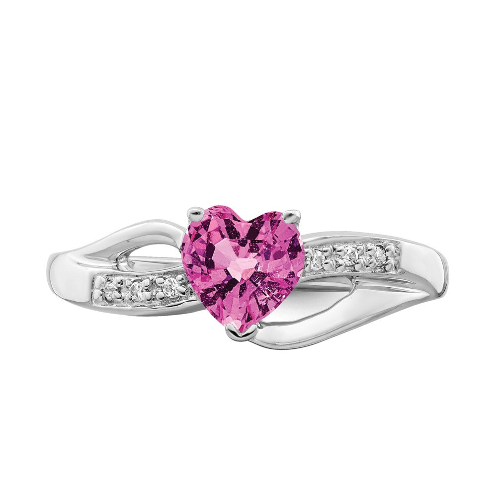 14k White Gold Created Pink Sapphire and Real Diamond Heart Ring