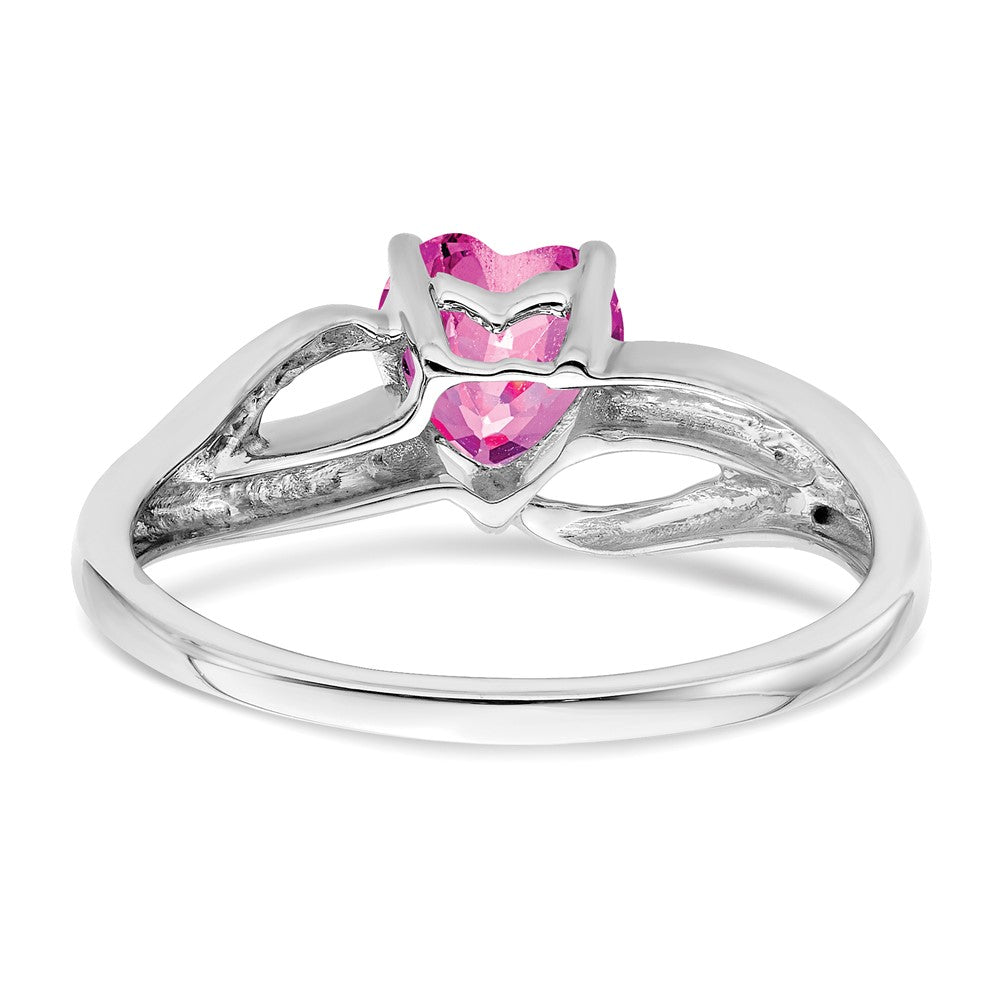 14k White Gold Created Pink Sapphire and Real Diamond Heart Ring