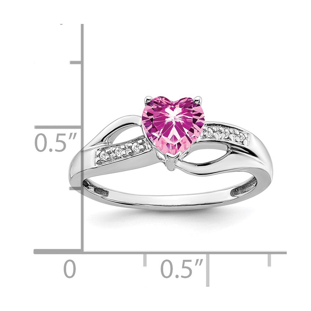 14k White Gold Created Pink Sapphire and Real Diamond Heart Ring