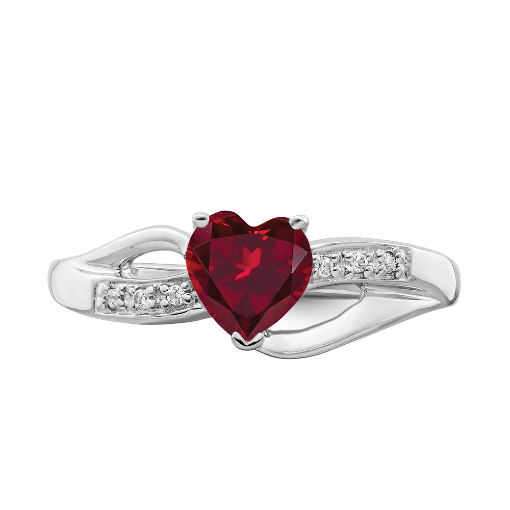 14k White Gold Created Ruby and Real Diamond Heart Ring