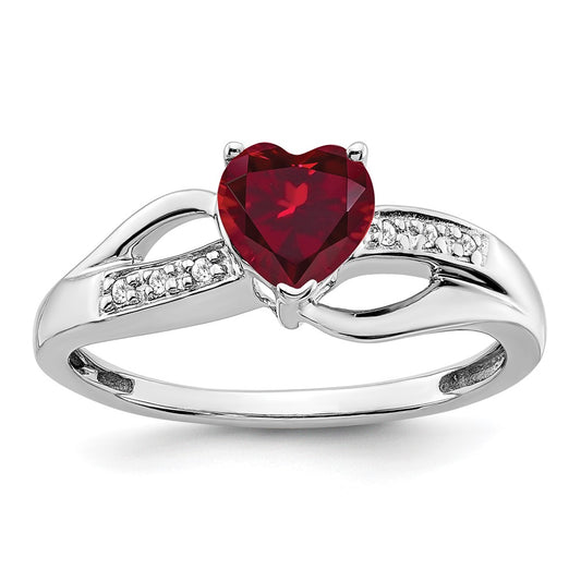 14k White Gold Created Ruby and Real Diamond Heart Ring